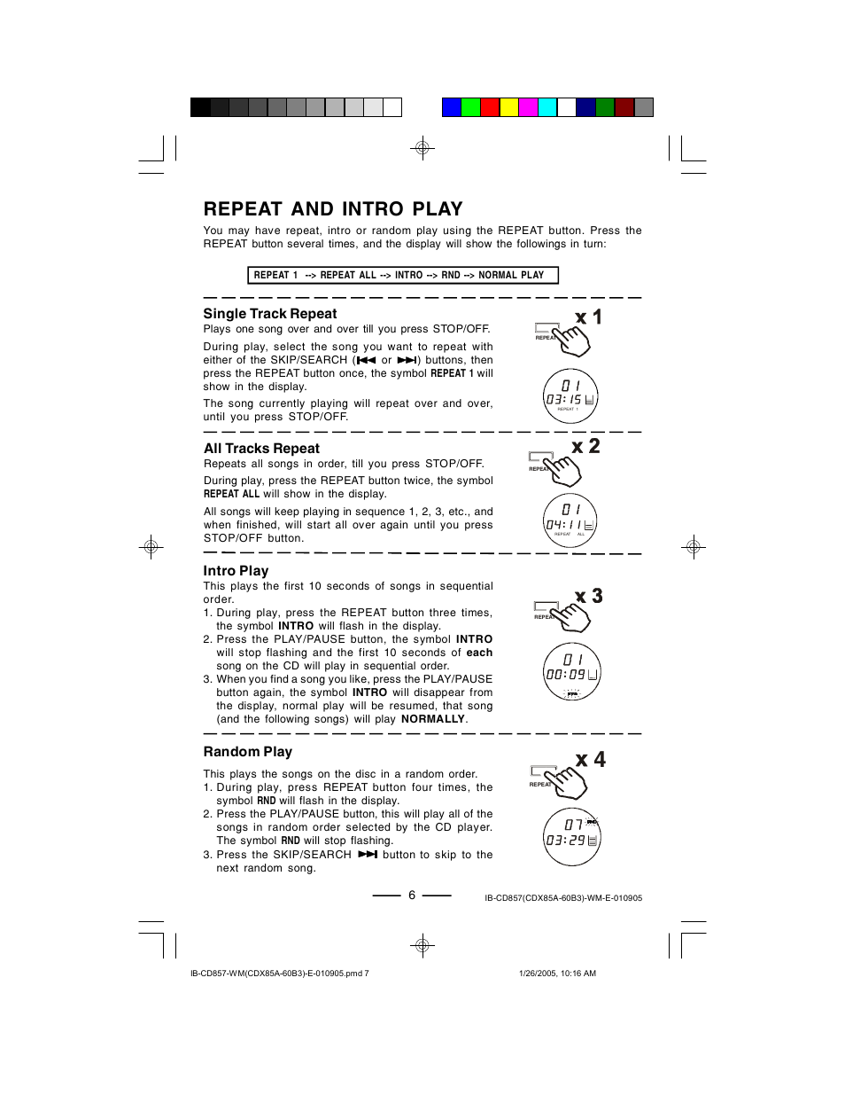 Repeat and intro play, Single track repeat, All tracks repeat | Intro play, Random play | Lenoxx Electronics CD-857 User Manual | Page 7 / 14