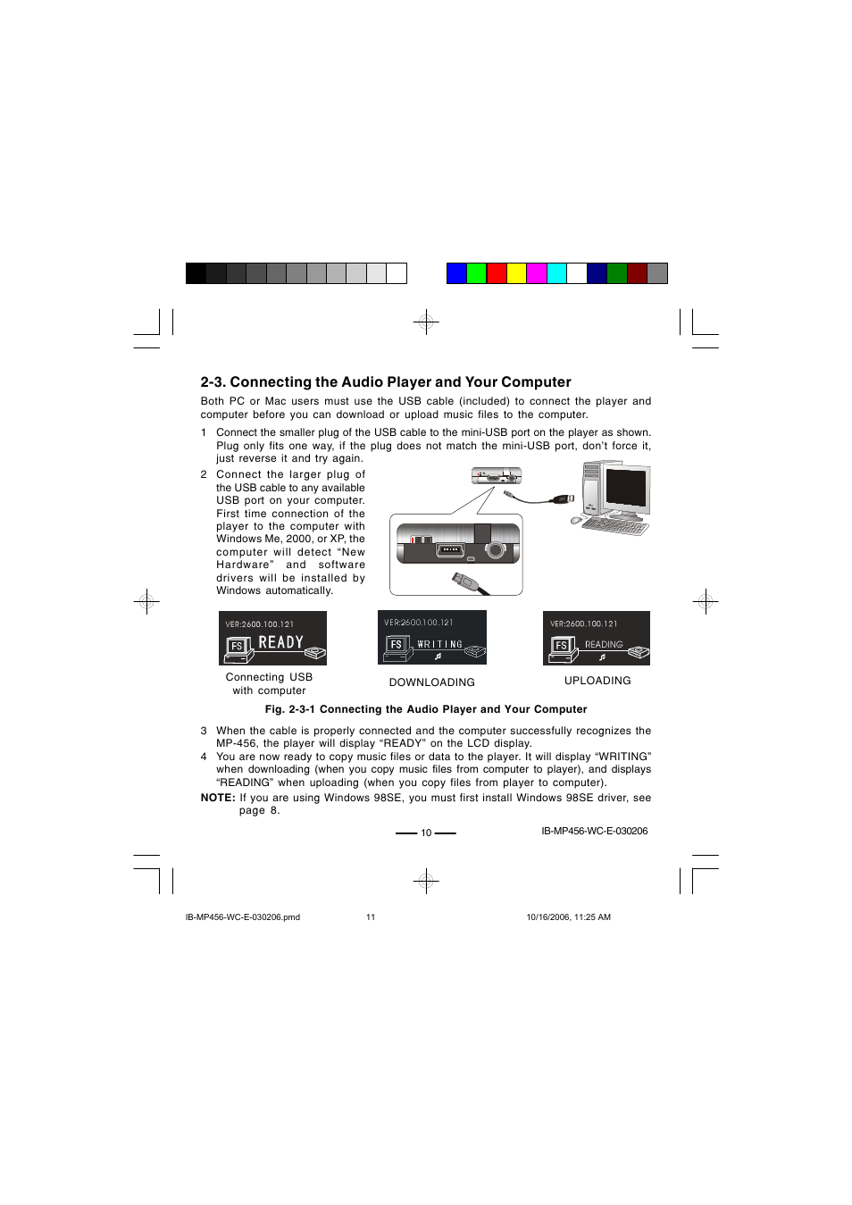3. connecting the audio player and your computer | Lenoxx Electronics MP-456 User Manual | Page 11 / 37