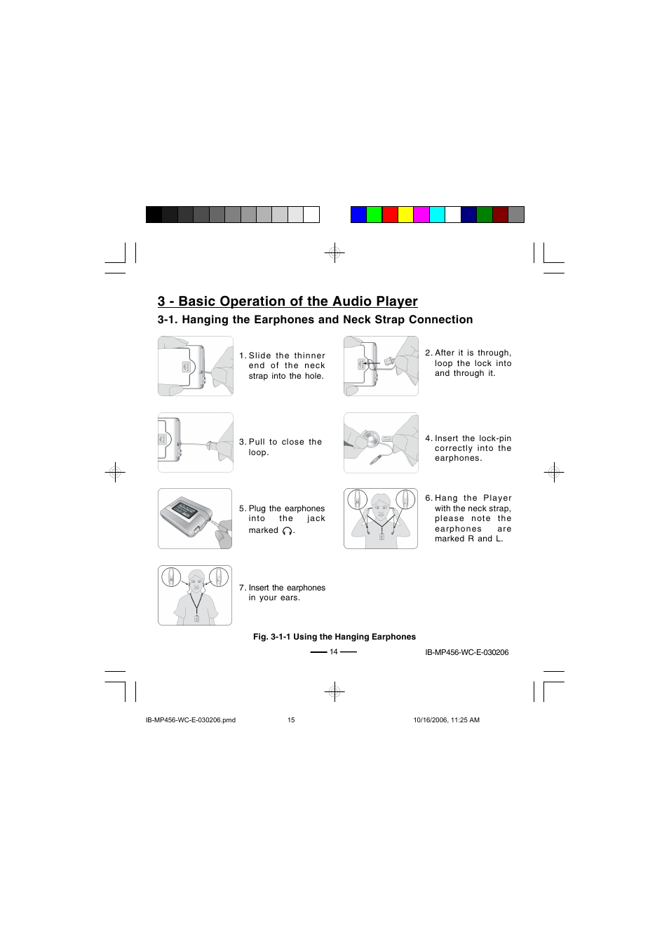 3 - basic operation of the audio player, 1. hanging the earphones and neck strap connection | Lenoxx Electronics MP-456 User Manual | Page 15 / 37