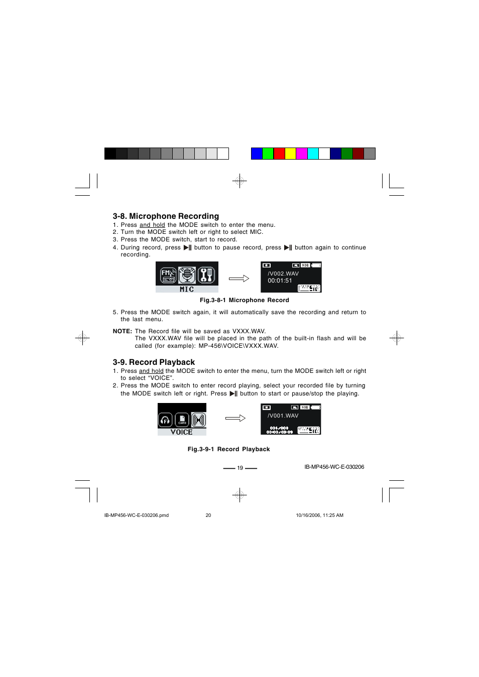 8. microphone recording, 9. record playback | Lenoxx Electronics MP-456 User Manual | Page 20 / 37