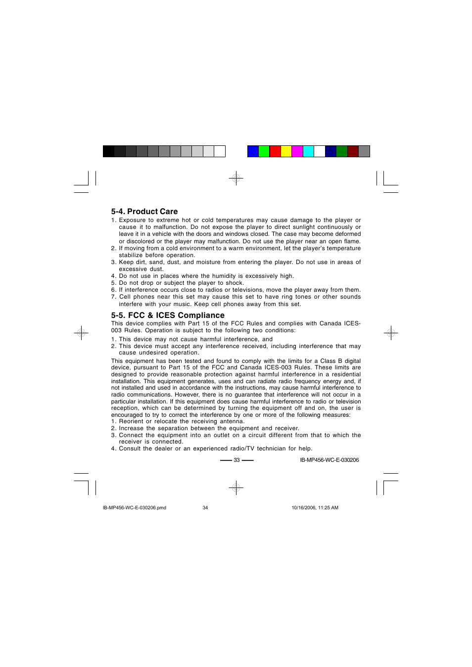 5. fcc & ices compliance, 4. product care | Lenoxx Electronics MP-456 User Manual | Page 34 / 37