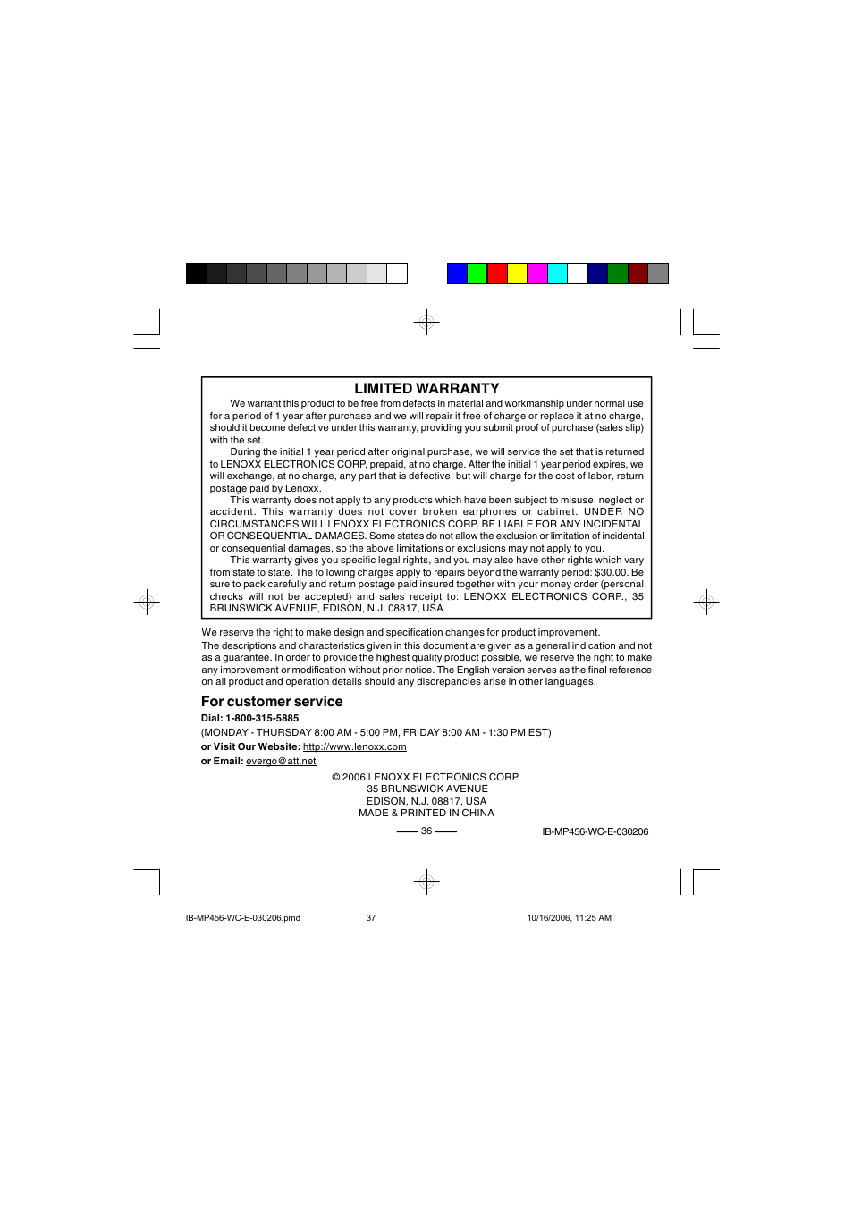 Limited warranty, For customer service | Lenoxx Electronics MP-456 User Manual | Page 37 / 37