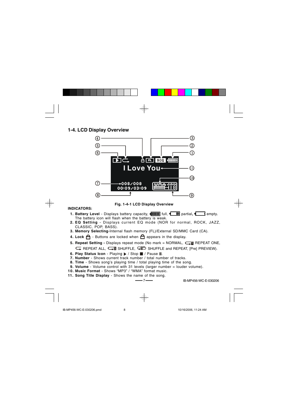 I love you, 4. lcd display overview | Lenoxx Electronics MP-456 User Manual | Page 8 / 37