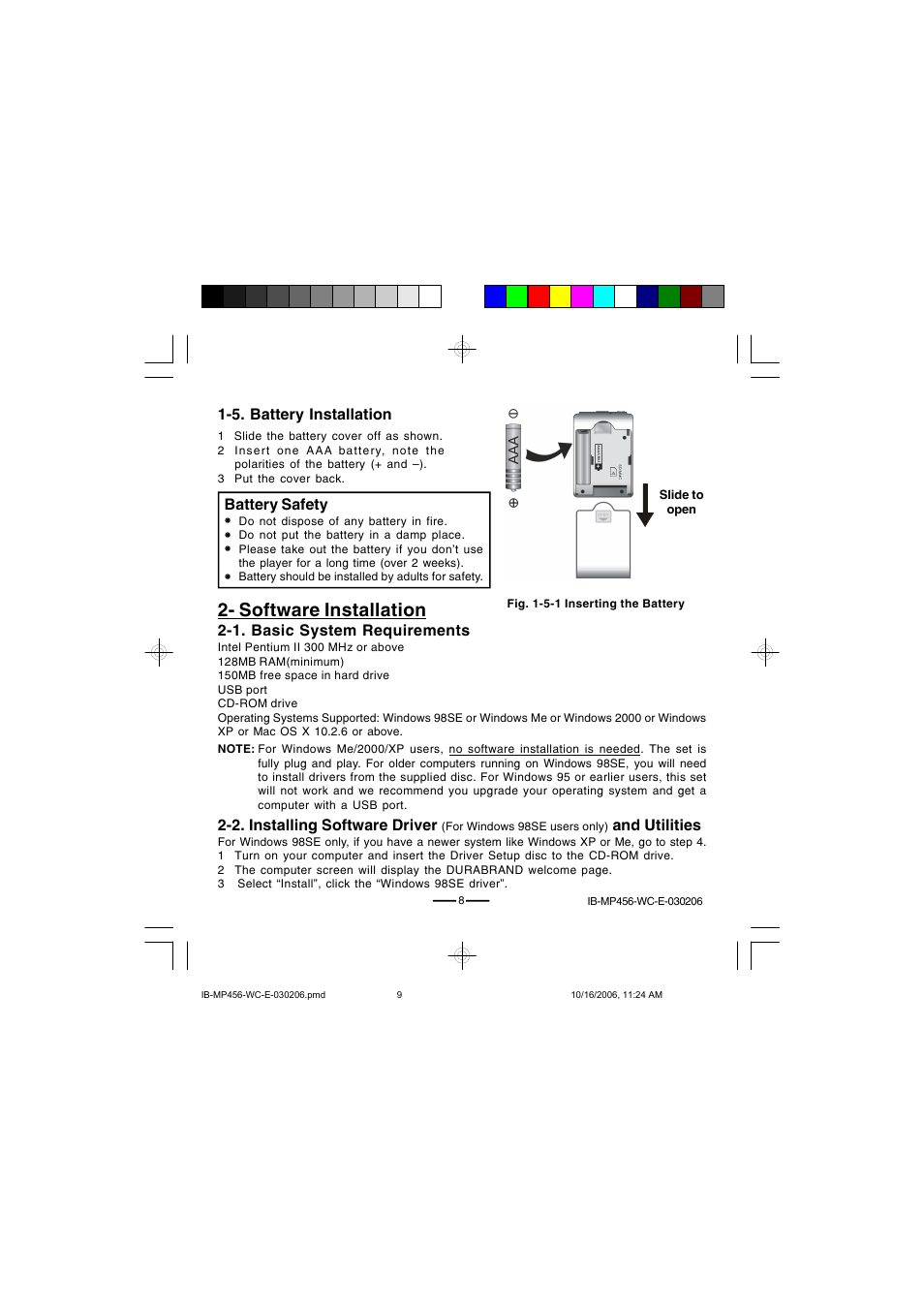 Software installation, 5. battery installation, Battery safety | 1. basic system requirements, 2. installing software driver, And utilities | Lenoxx Electronics MP-456 User Manual | Page 9 / 37