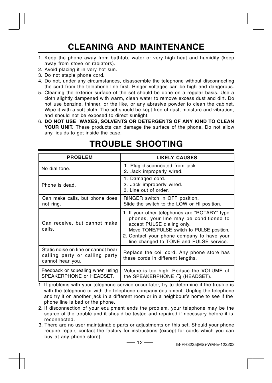 Cleaning and maintenance, Trouble shooting | Lenoxx Electronics PH-3235 User Manual | Page 13 / 14