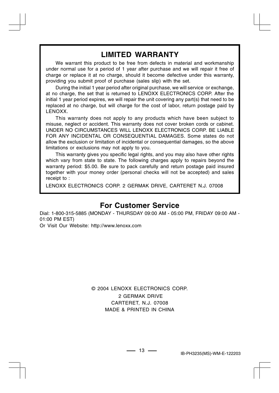 For customer service, Limited warranty | Lenoxx Electronics PH-3235 User Manual | Page 14 / 14