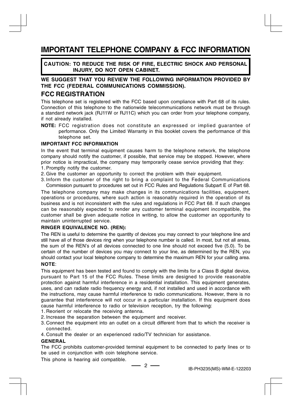 Important telephone company & fcc information, Fcc registration | Lenoxx Electronics PH-3235 User Manual | Page 3 / 14