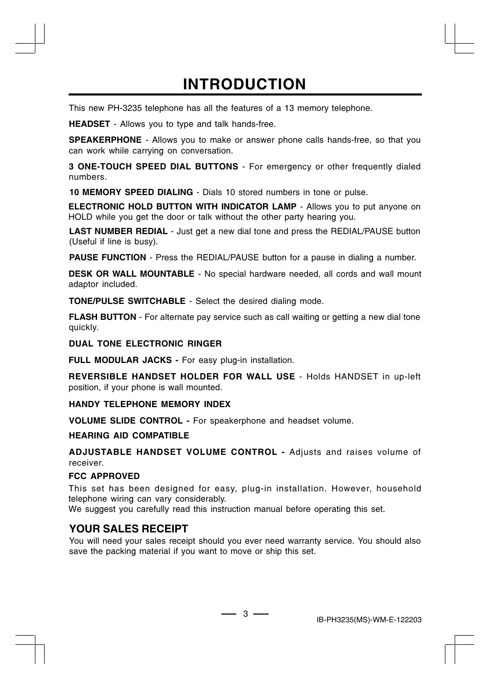 Introduction, Your sales receipt | Lenoxx Electronics PH-3235 User Manual | Page 4 / 14