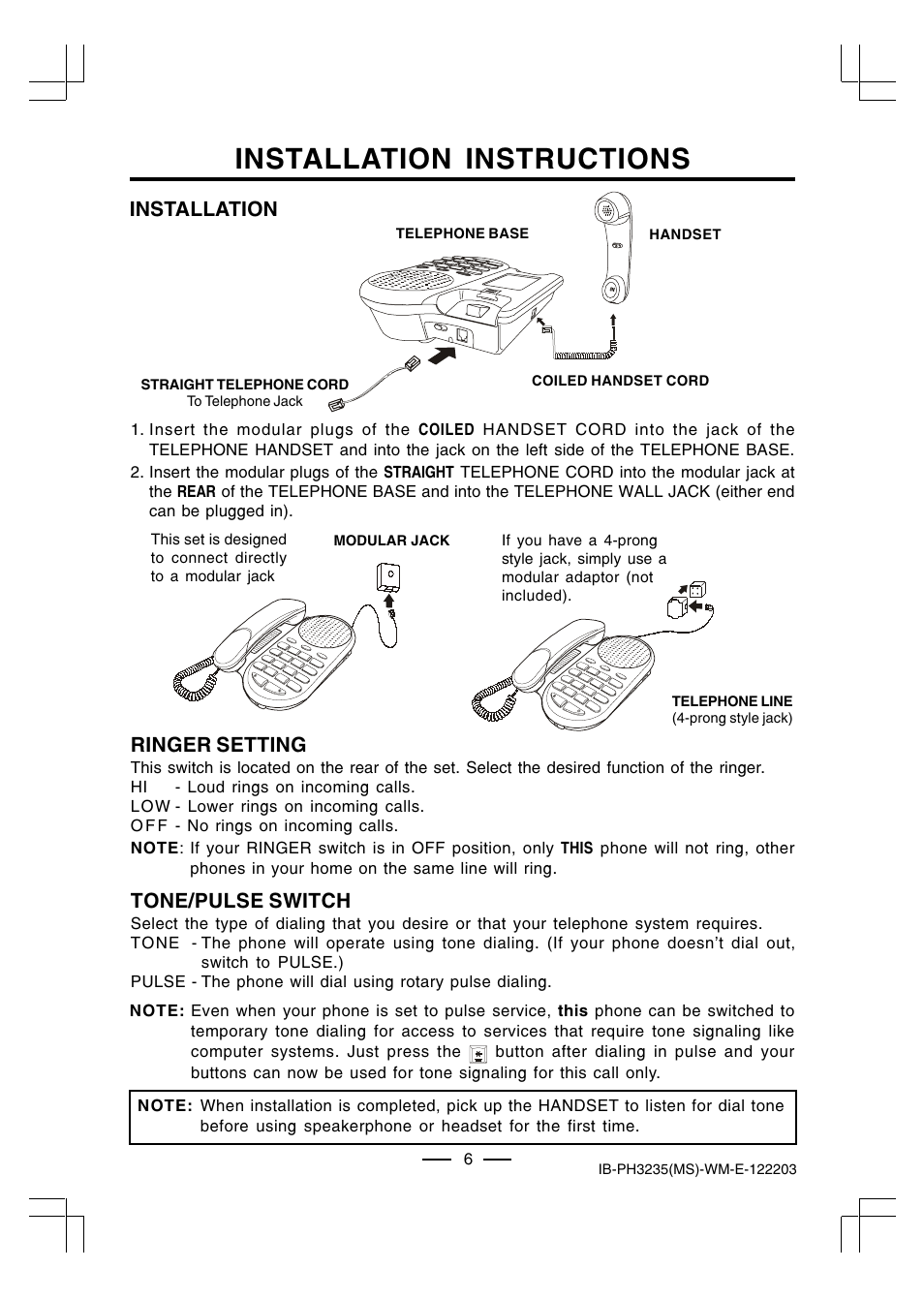 Installation instructions, Installation, Ringer setting | Tone/pulse switch | Lenoxx Electronics PH-3235 User Manual | Page 7 / 14