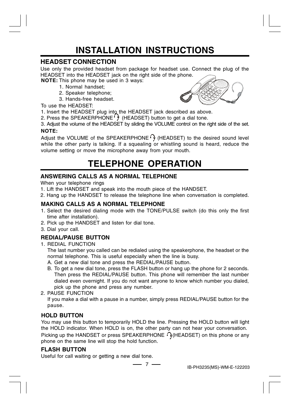 Installation instructions, Telephone operation, Headset connection | Lenoxx Electronics PH-3235 User Manual | Page 8 / 14