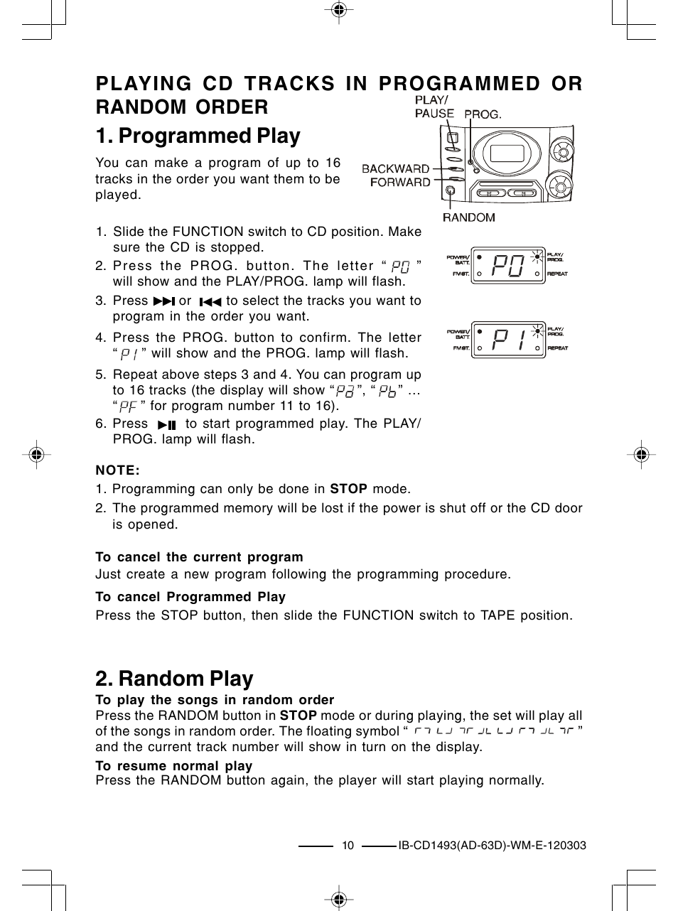 Programmed play, Random play, Playing cd tracks in programmed or random order | Lenoxx Electronics CD-1493 User Manual | Page 11 / 21