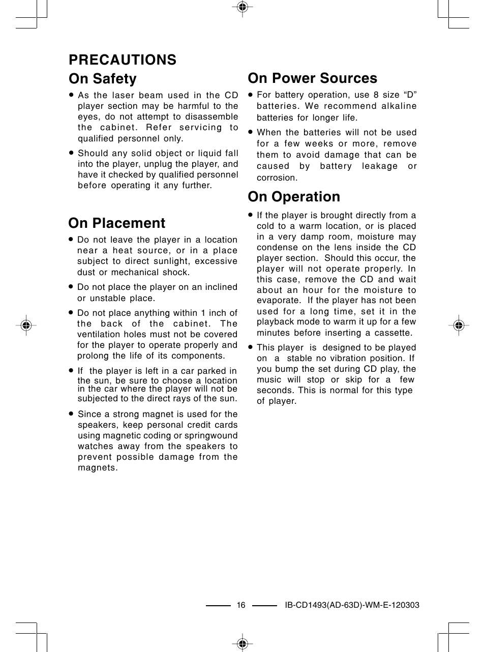 Precautions on safety, On operation, On placement | On power sources | Lenoxx Electronics CD-1493 User Manual | Page 17 / 21