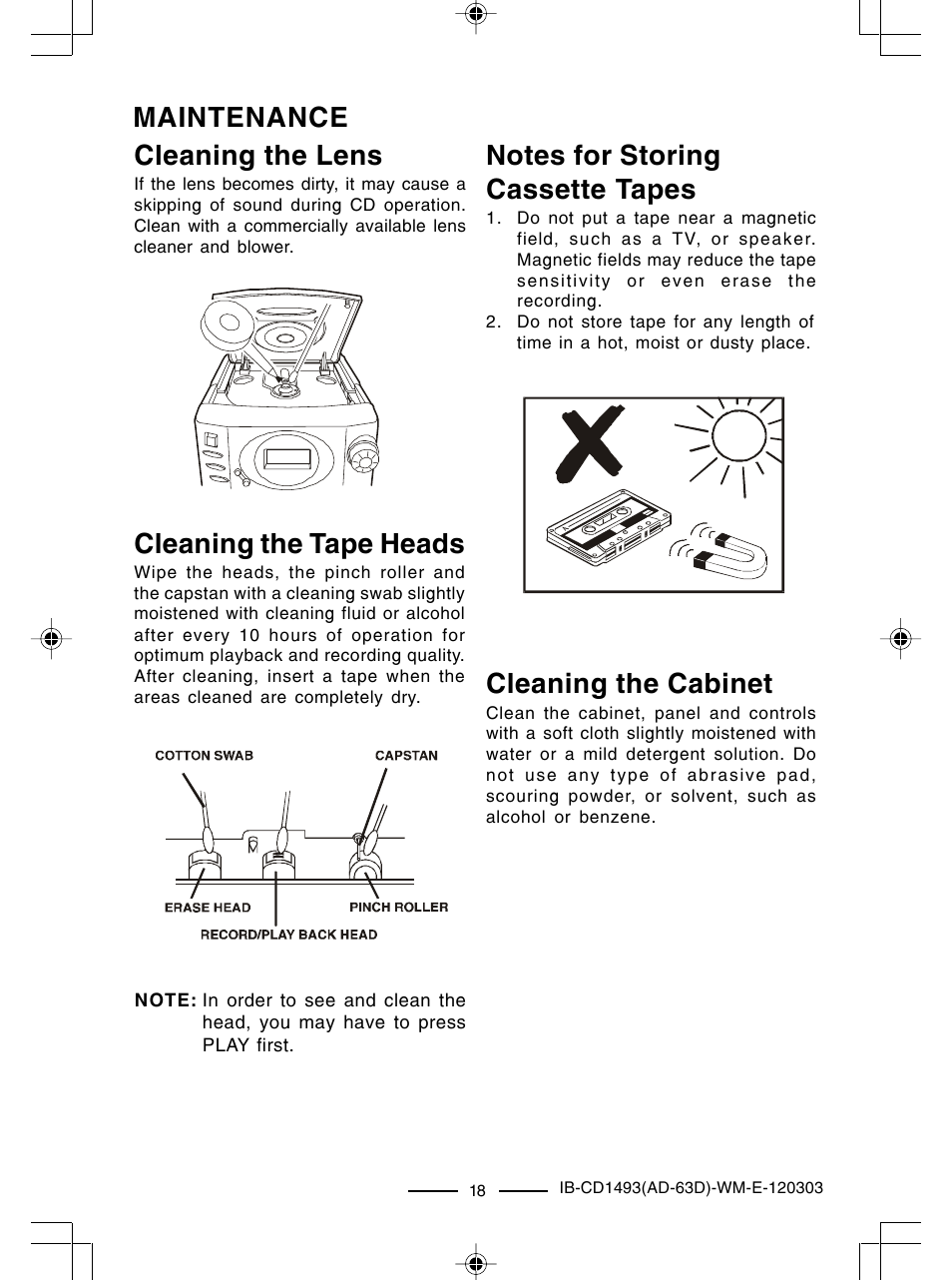 Maintenance cleaning the tape heads, Cleaning the cabinet, Cleaning the lens | Lenoxx Electronics CD-1493 User Manual | Page 19 / 21