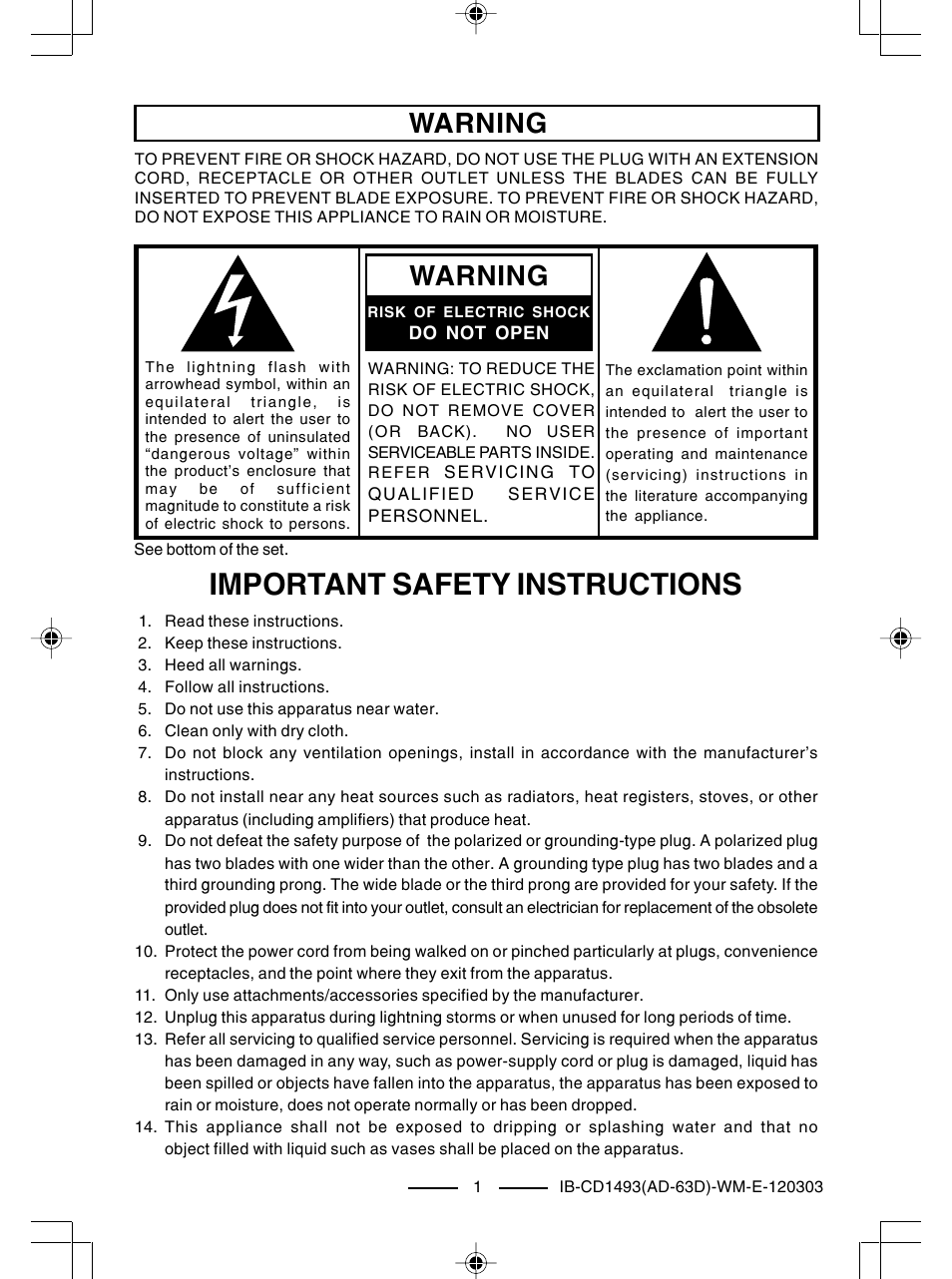 Important safety instructions, Warning | Lenoxx Electronics CD-1493 User Manual | Page 2 / 21