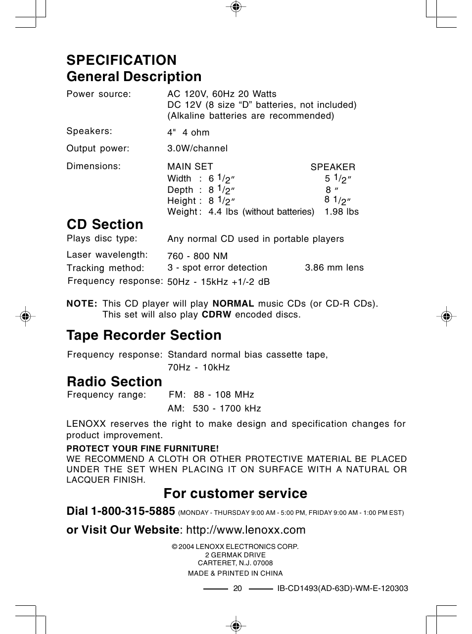 Specification general description, For customer service | Lenoxx Electronics CD-1493 User Manual | Page 21 / 21