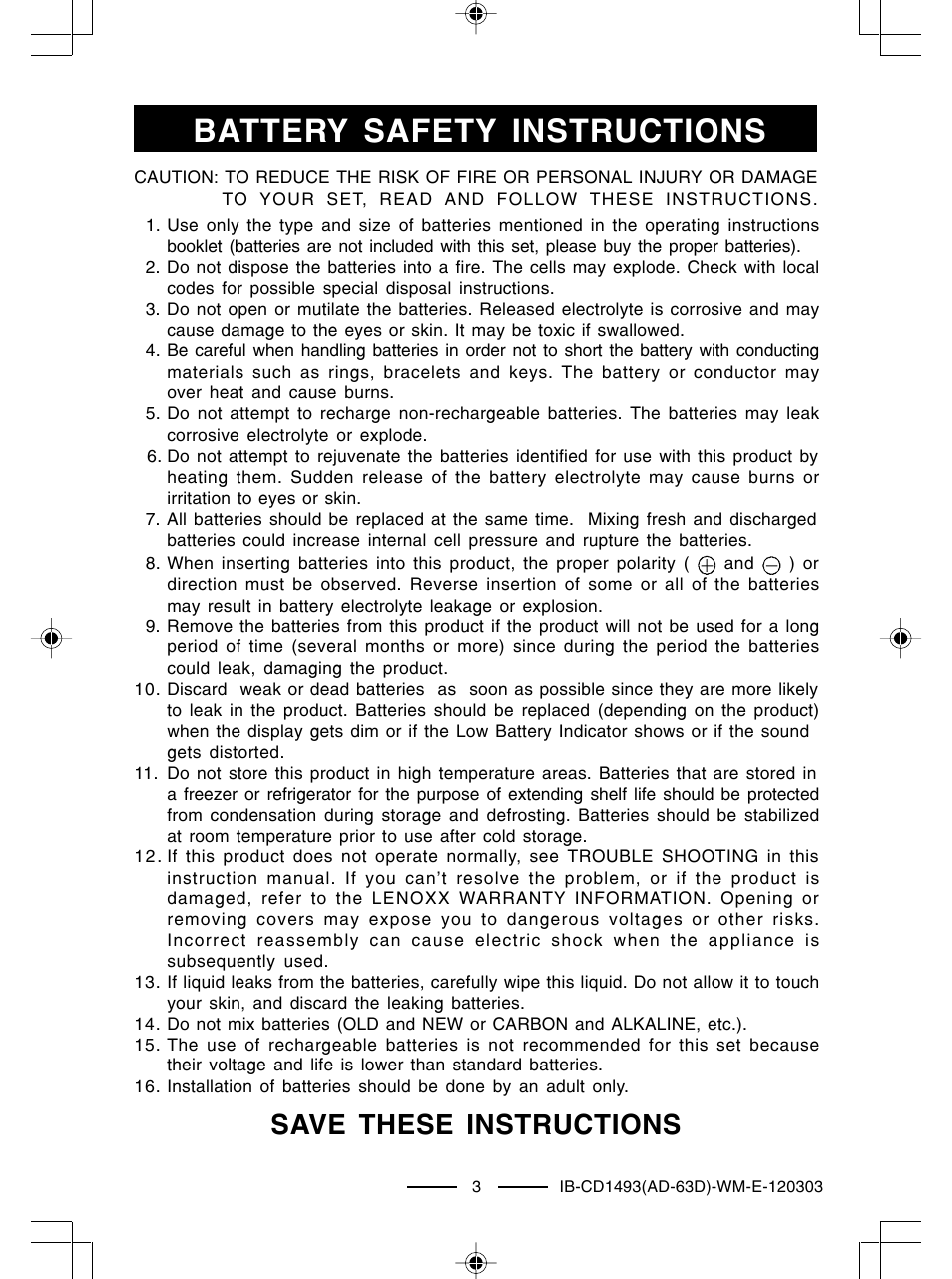 Battery safety instructions, Save these instructions | Lenoxx Electronics CD-1493 User Manual | Page 4 / 21