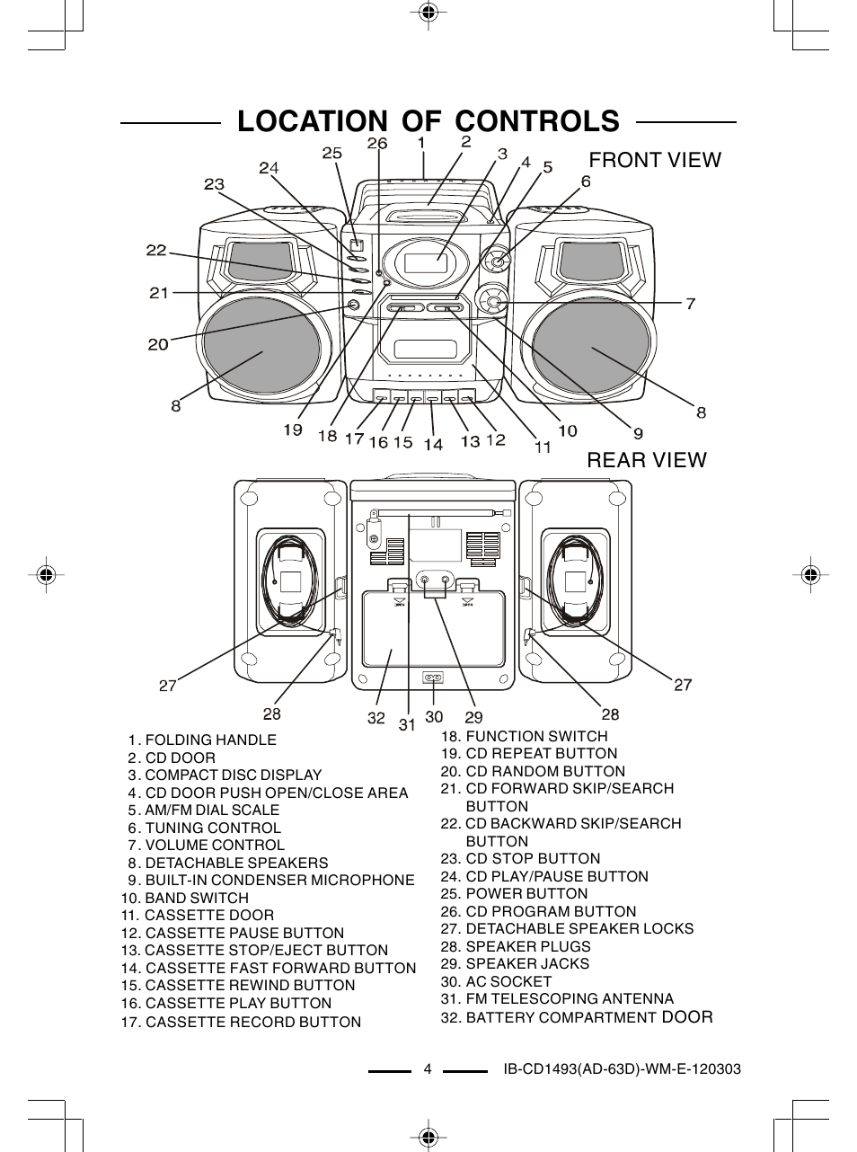 Location of controls, Front view rear view | Lenoxx Electronics CD-1493 User Manual | Page 5 / 21