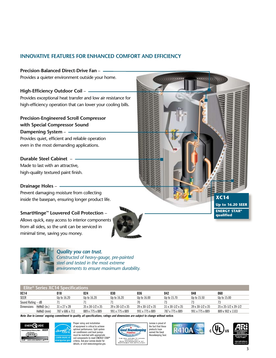 Xc14, Quality you can trust, Precision-balanced direct-drive fan | High-efficiency outdoor coil, Durable steel cabinet, Drainage holes, Smarthinge, Louvered coil protection | Lenoxx Electronics XC14 User Manual | Page 3 / 4