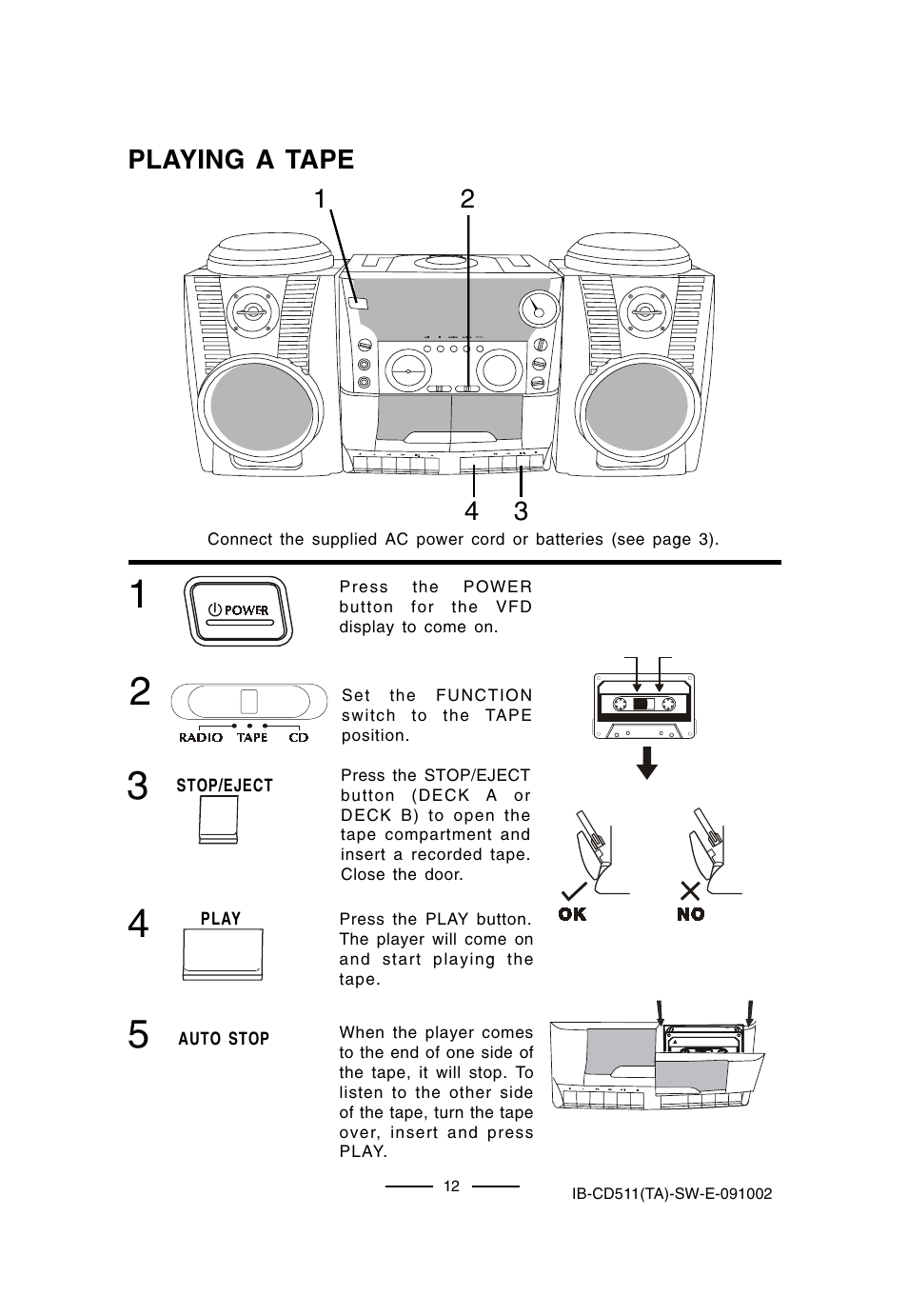 Playing a tape | Lenoxx Electronics CD-511 User Manual | Page 13 / 24