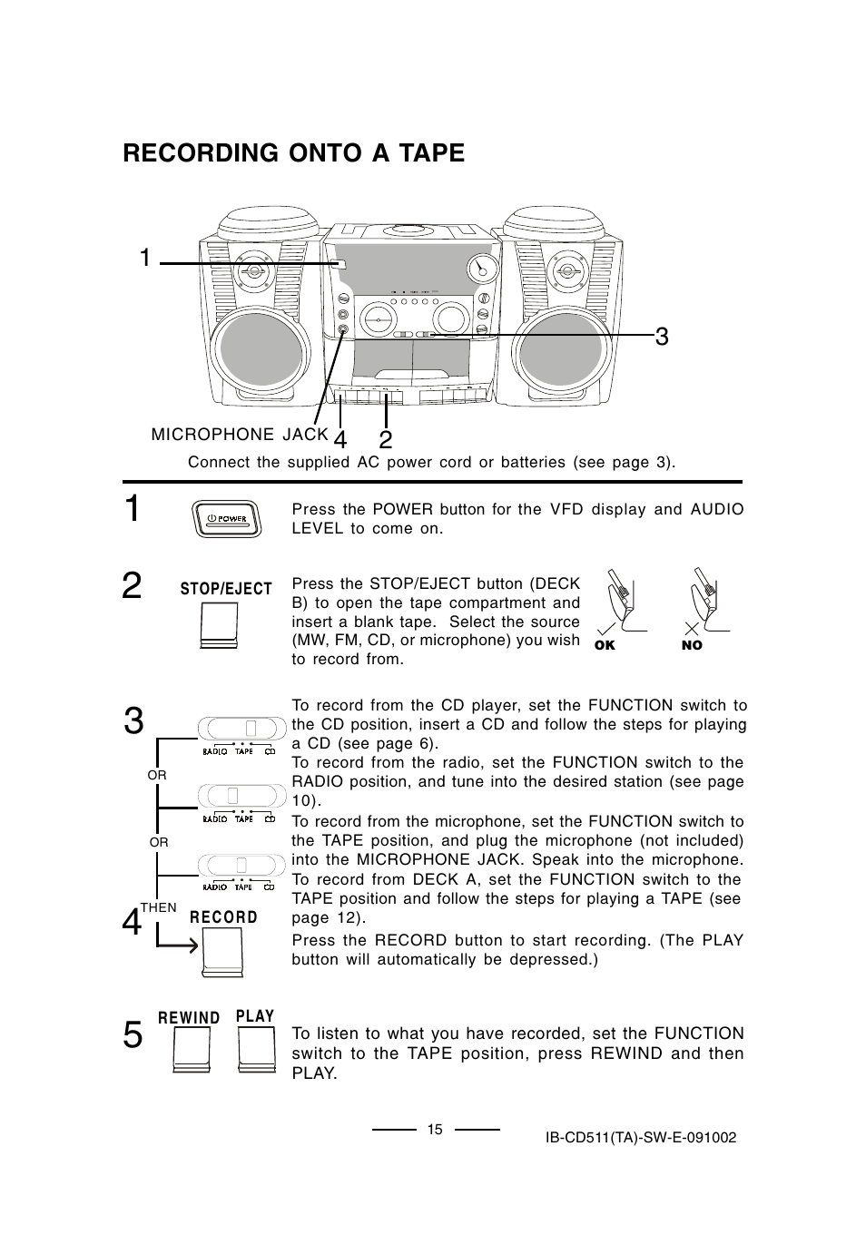 Recording onto a tape | Lenoxx Electronics CD-511 User Manual | Page 16 / 24