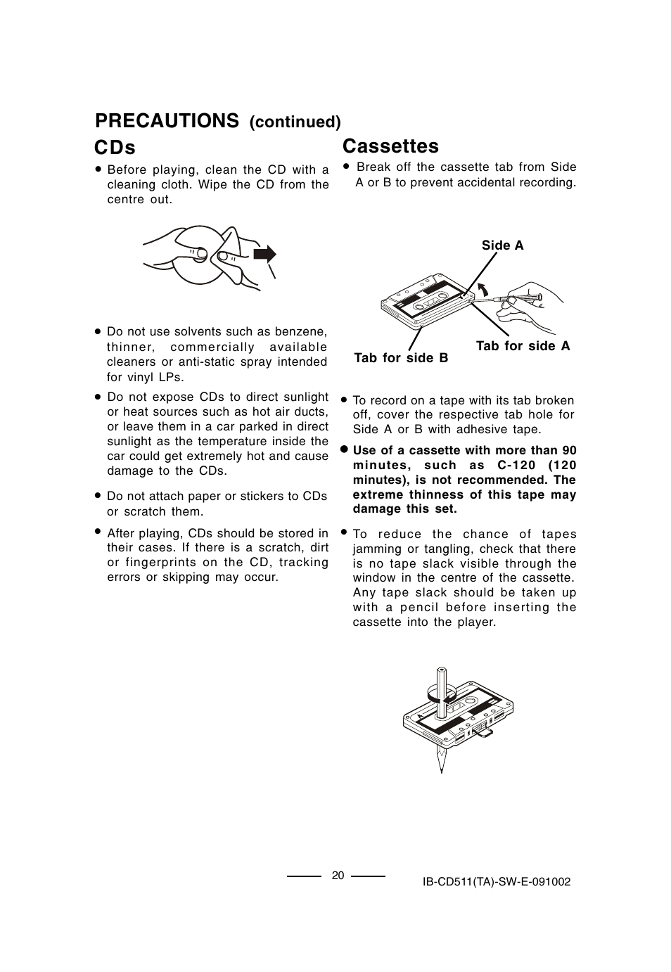 Precautions, Cassettes | Lenoxx Electronics CD-511 User Manual | Page 21 / 24