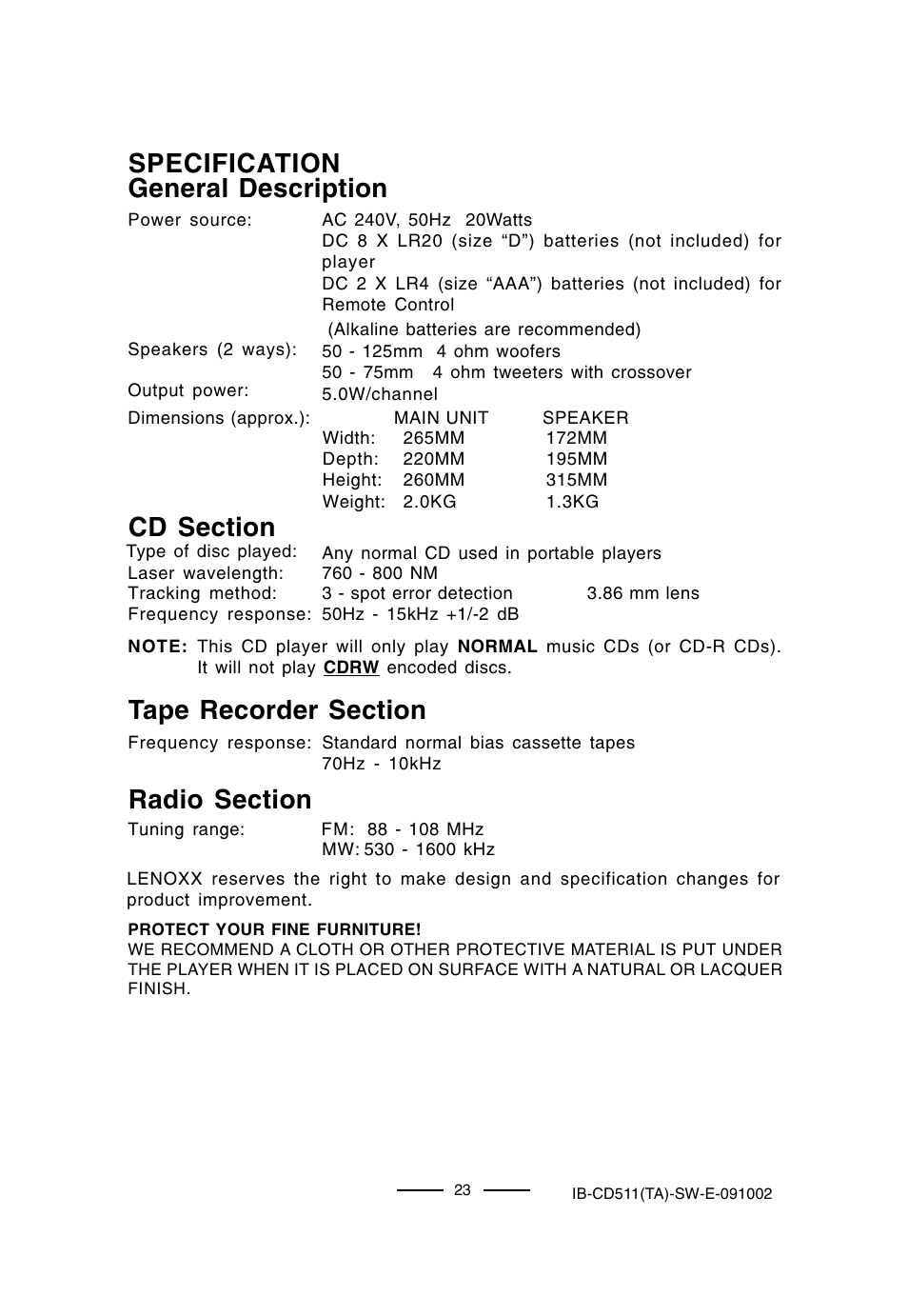 Specification general description | Lenoxx Electronics CD-511 User Manual | Page 24 / 24