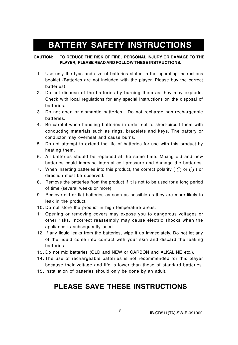 Battery safety instructions, Please save these instructions | Lenoxx Electronics CD-511 User Manual | Page 3 / 24