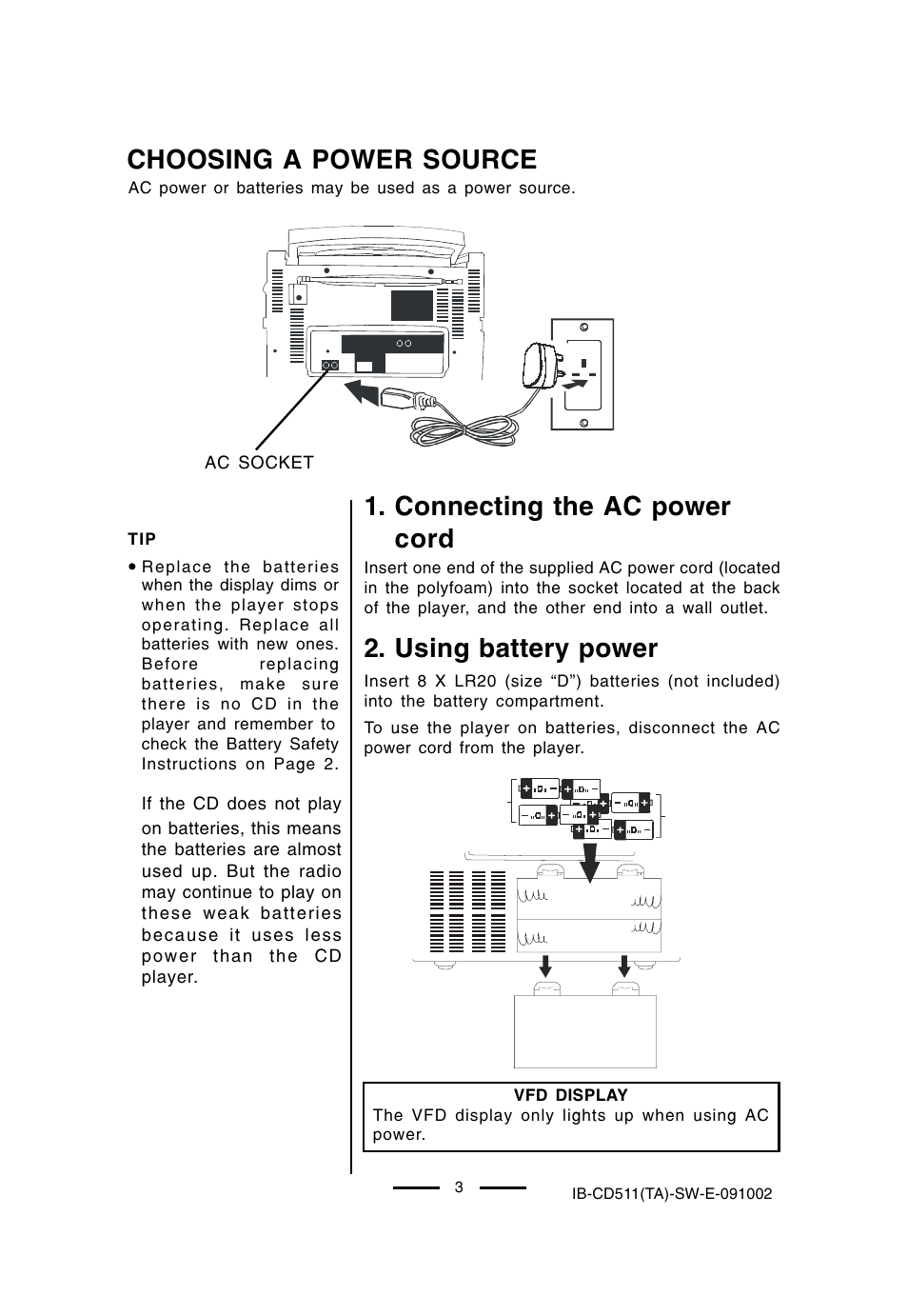 Choosing a power source, Connecting the ac power cord, Using battery power | Lenoxx Electronics CD-511 User Manual | Page 4 / 24
