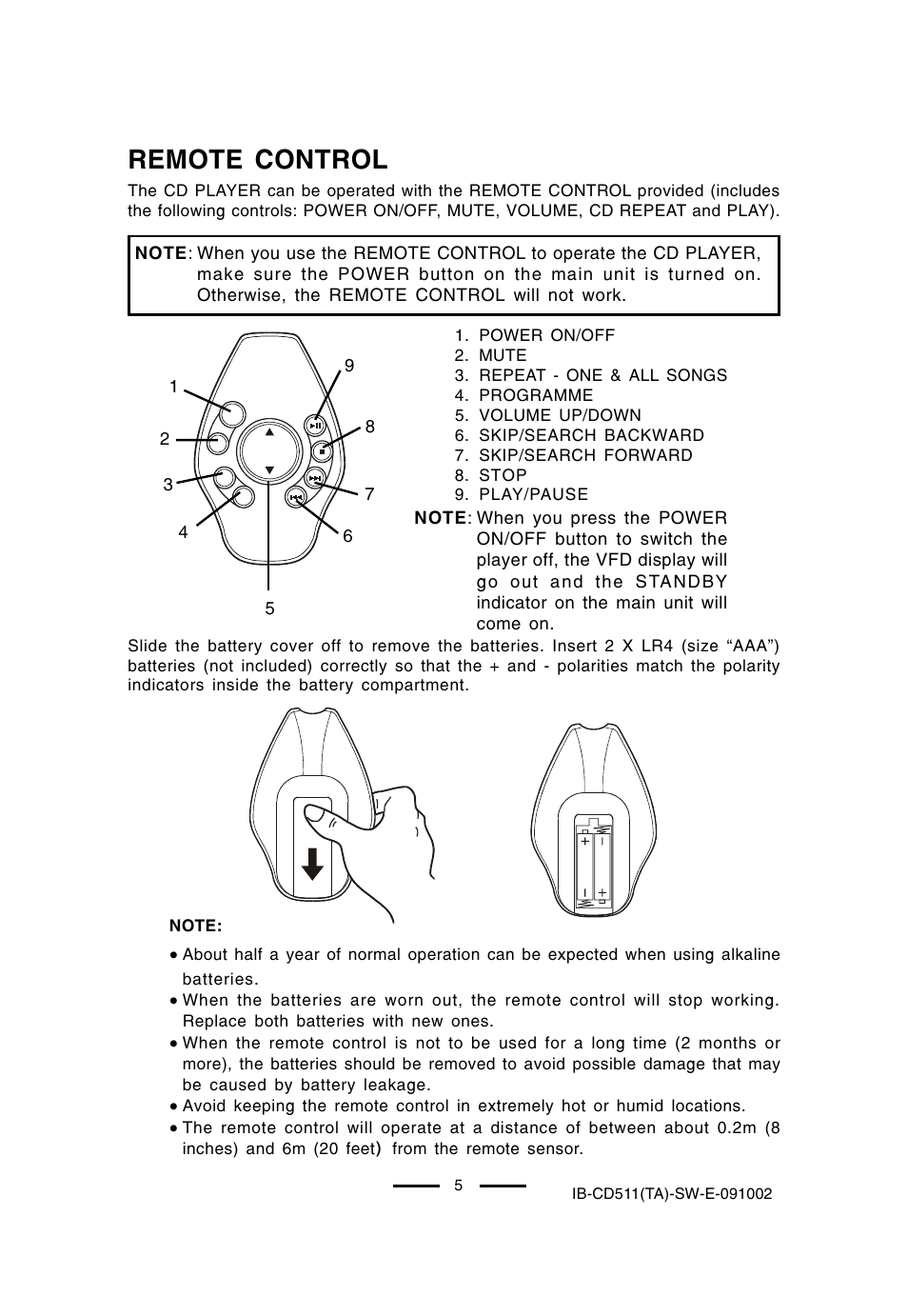 Remote control | Lenoxx Electronics CD-511 User Manual | Page 6 / 24