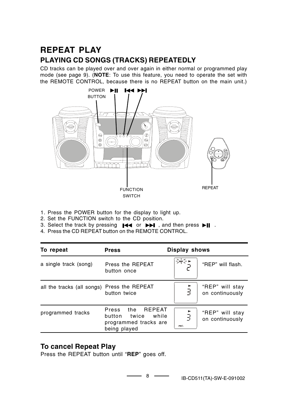 Repeat play, Playing cd songs (tracks) repeatedly | Lenoxx Electronics CD-511 User Manual | Page 9 / 24