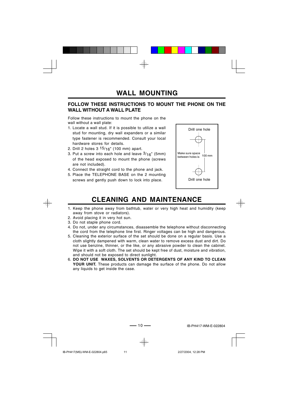Wall mounting, Cleaning and maintenance | Lenoxx Electronics PH-417 User Manual | Page 11 / 13