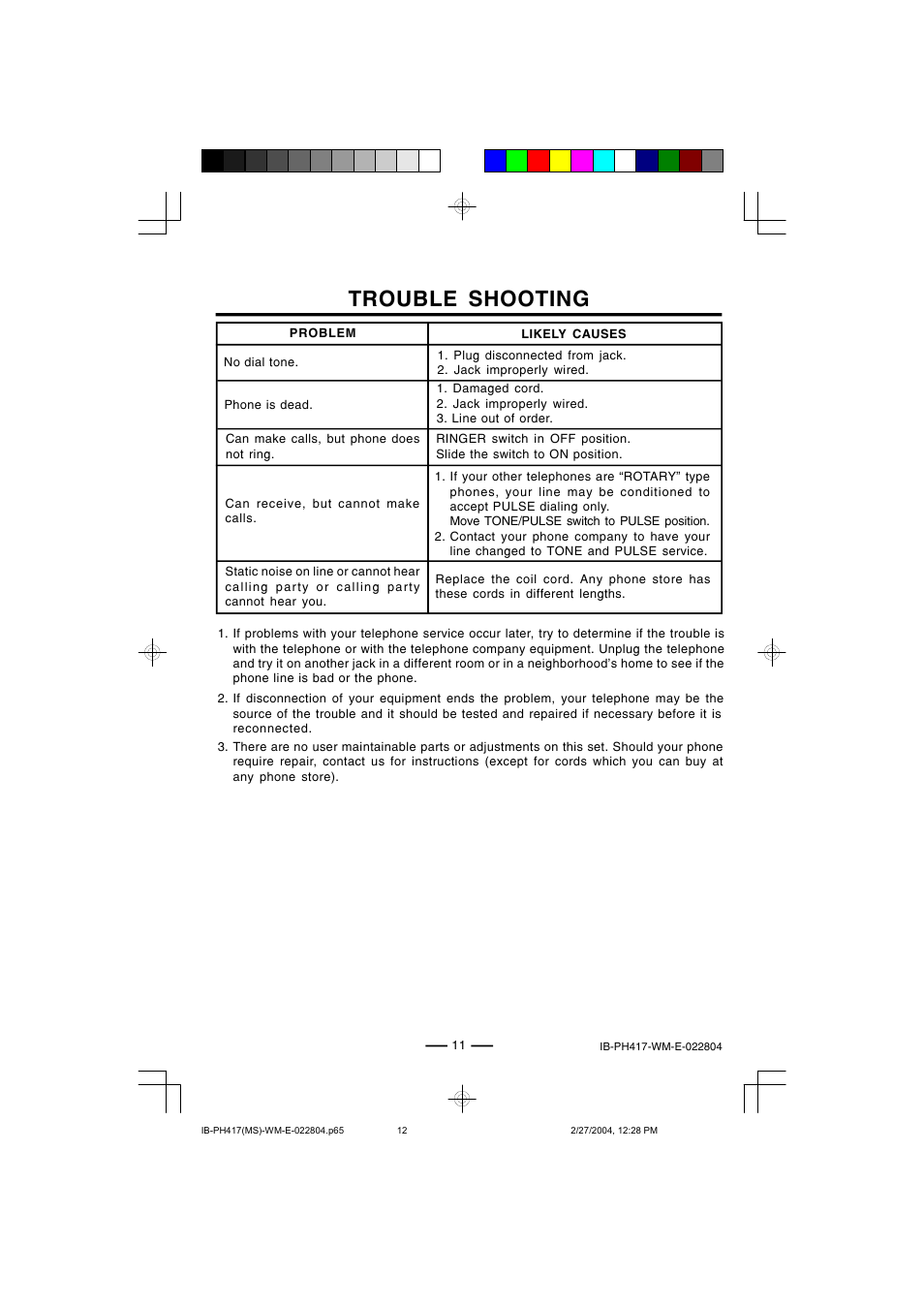 Trouble shooting | Lenoxx Electronics PH-417 User Manual | Page 12 / 13