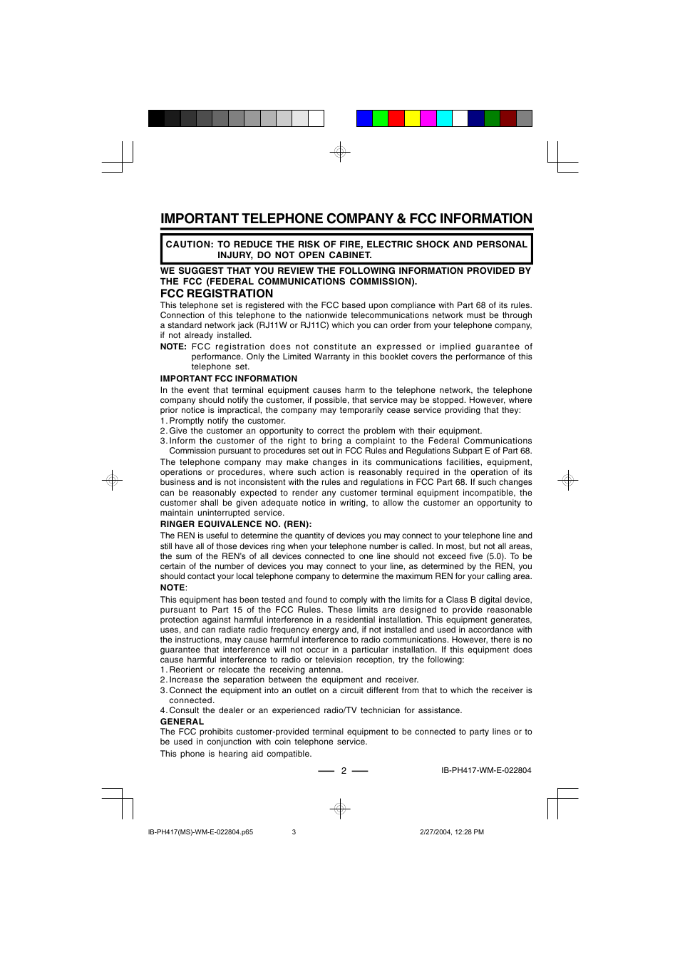 Important telephone company & fcc information, Fcc registration | Lenoxx Electronics PH-417 User Manual | Page 3 / 13