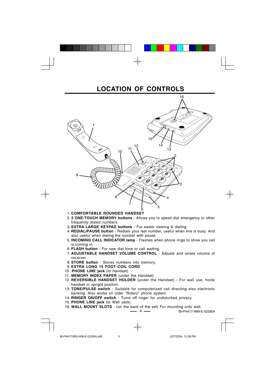 Location of controls | Lenoxx Electronics PH-417 User Manual | Page 5 / 13