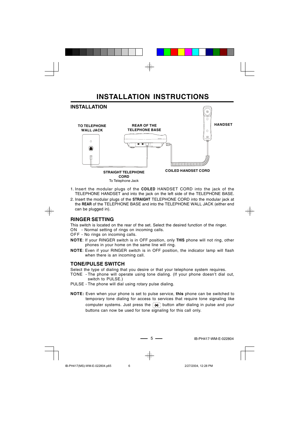 Installation instructions, Installation, Ringer setting | Tone/pulse switch | Lenoxx Electronics PH-417 User Manual | Page 6 / 13