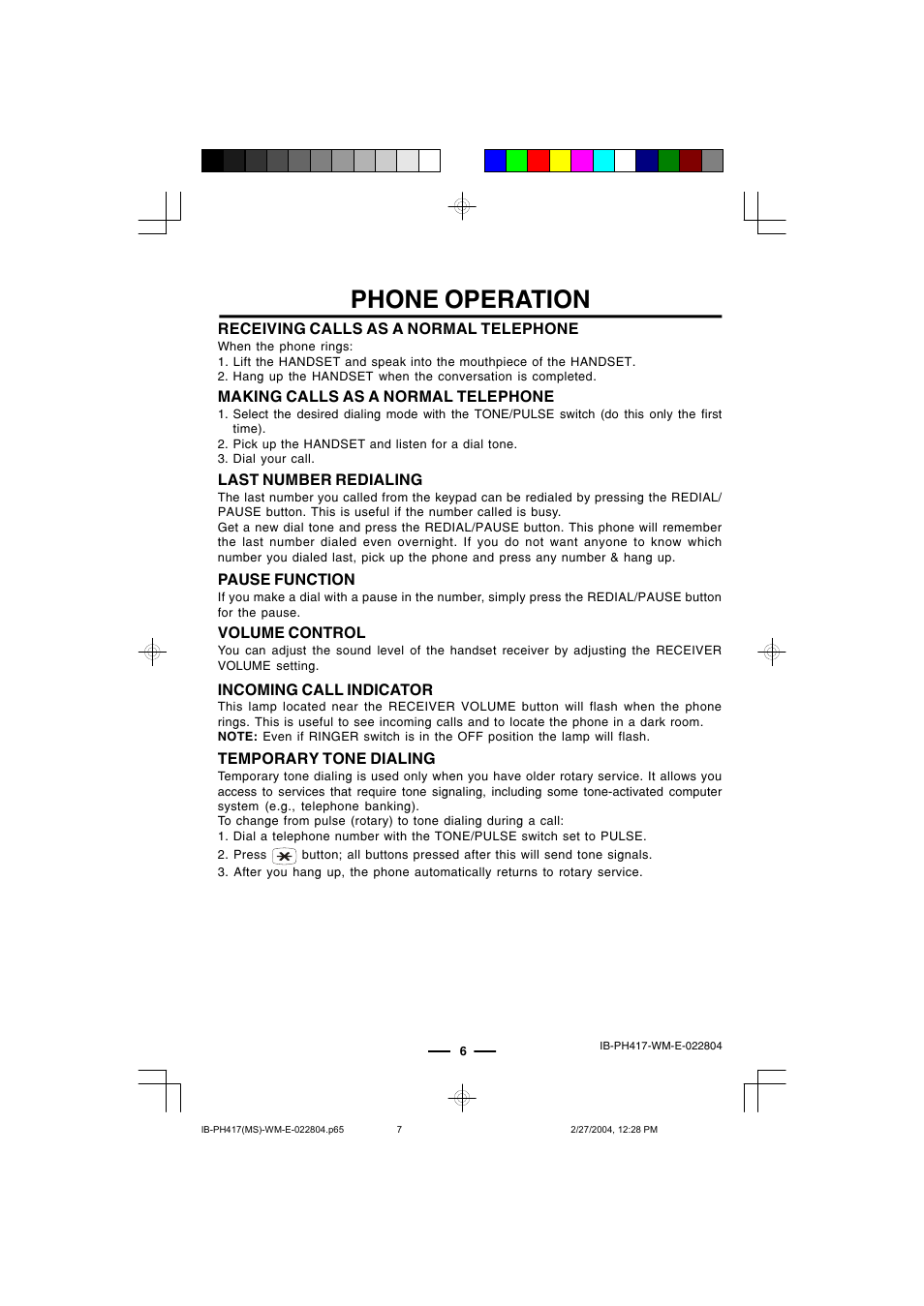 Phone operation | Lenoxx Electronics PH-417 User Manual | Page 7 / 13