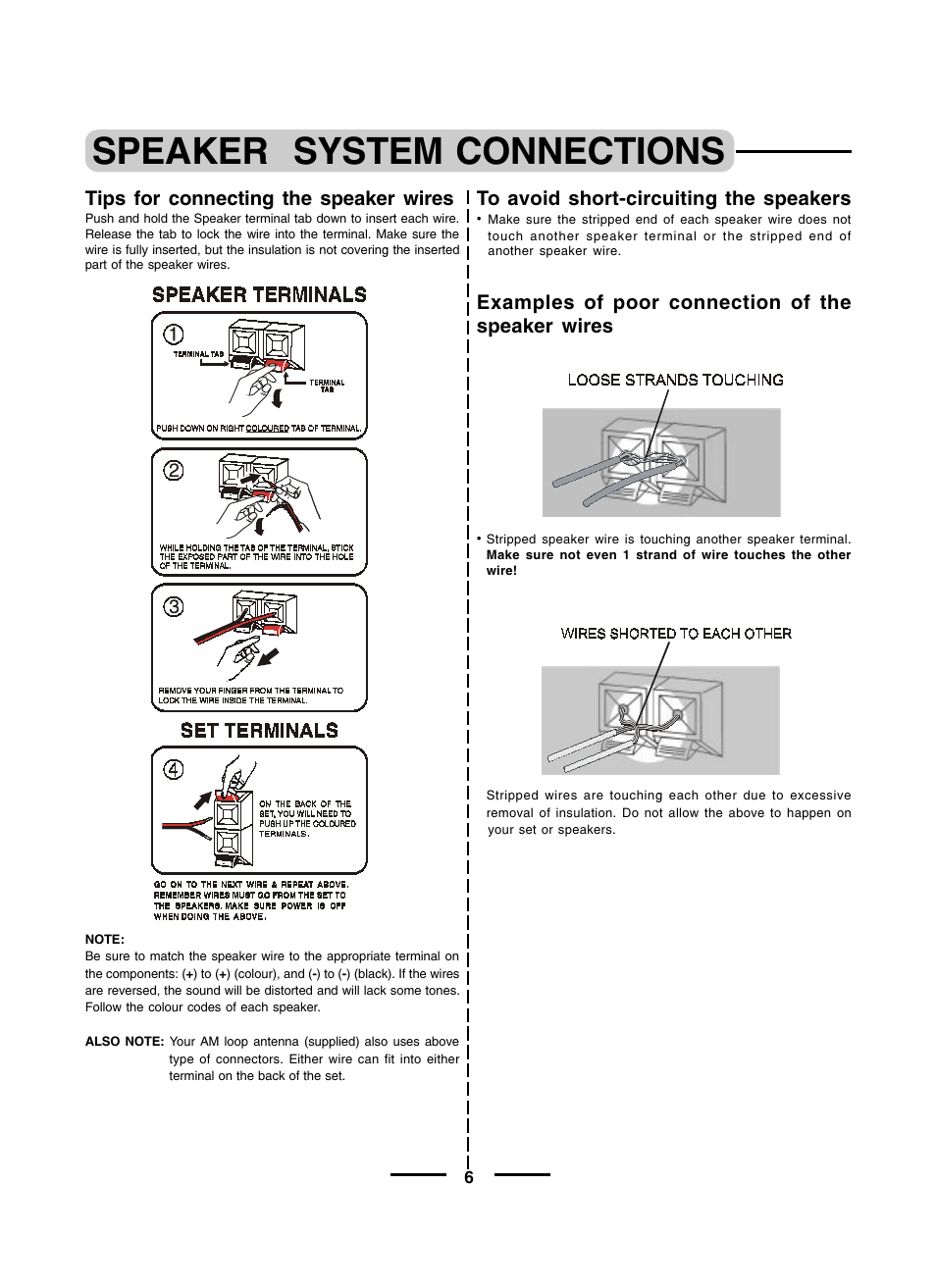 Speaker system connections, Tips for connecting the speaker wires, Examples of poor connection of the speaker wires | Lenoxx Electronics HT600 User Manual | Page 7 / 10