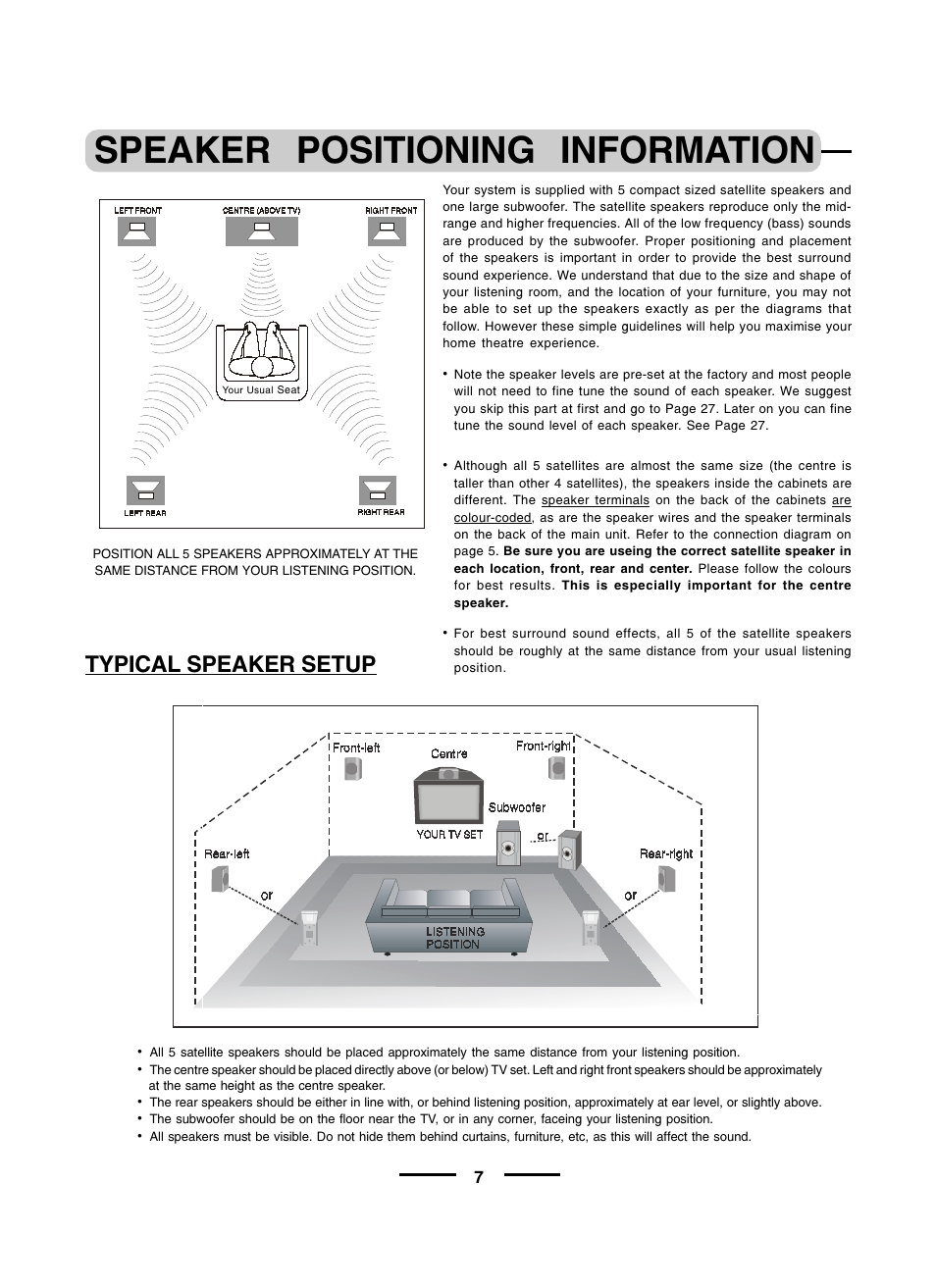 Speaker positioning information, Typical speaker setup | Lenoxx Electronics HT600 User Manual | Page 8 / 10