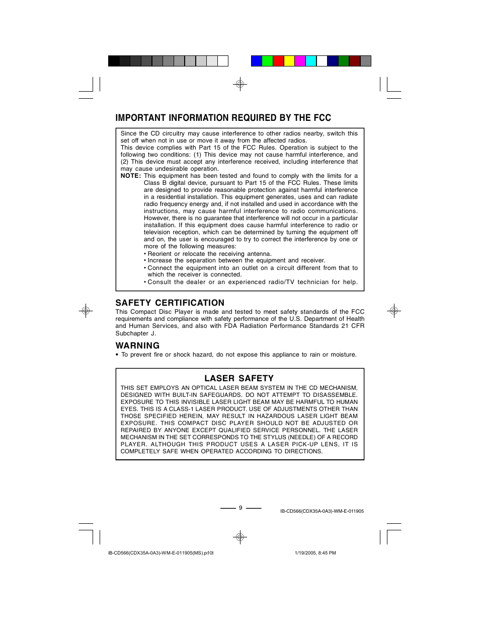 Important information required by the fcc, Safety certification, Warning | Laser safety | Lenoxx Electronics CD-566 User Manual | Page 10 / 12