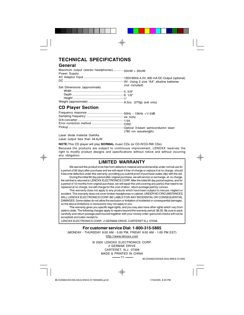 Technical specifications, General, Limited warranty | Lenoxx Electronics CD-566 User Manual | Page 12 / 12