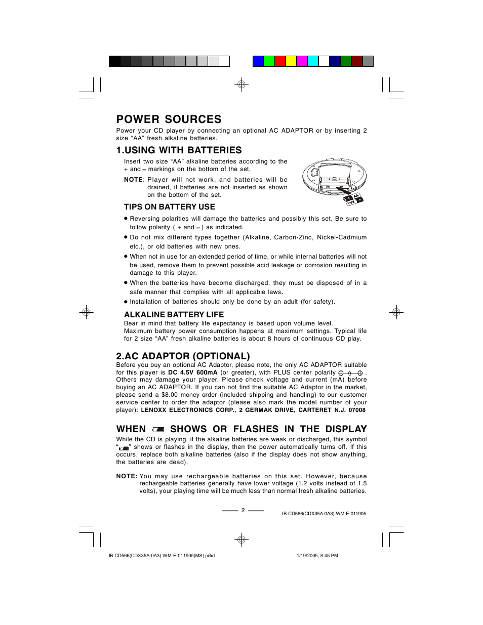 Power sources, When shows or flashes in the displayy, Using with batteries 2.ac adaptor (optional) | Lenoxx Electronics CD-566 User Manual | Page 3 / 12