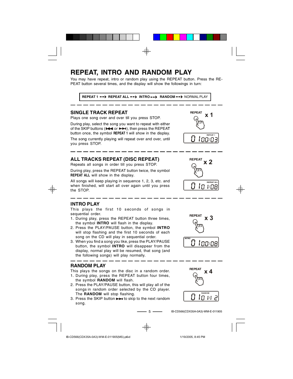 Repeat, intro and random play | Lenoxx Electronics CD-566 User Manual | Page 6 / 12