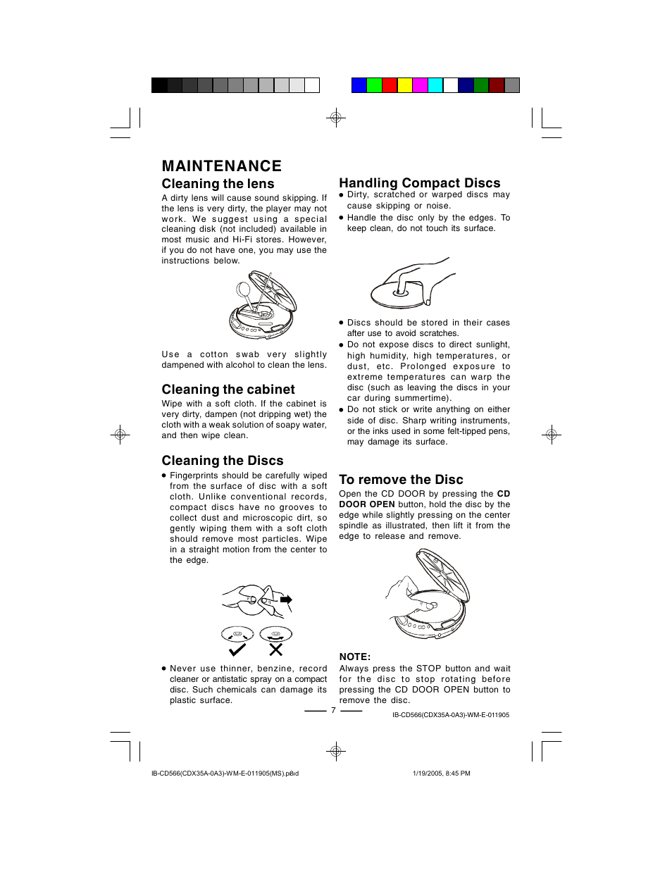 Maintenance, Cleaning the cabinet, Cleaning the lens | Cleaning the discs, Handling compact discs | Lenoxx Electronics CD-566 User Manual | Page 8 / 12