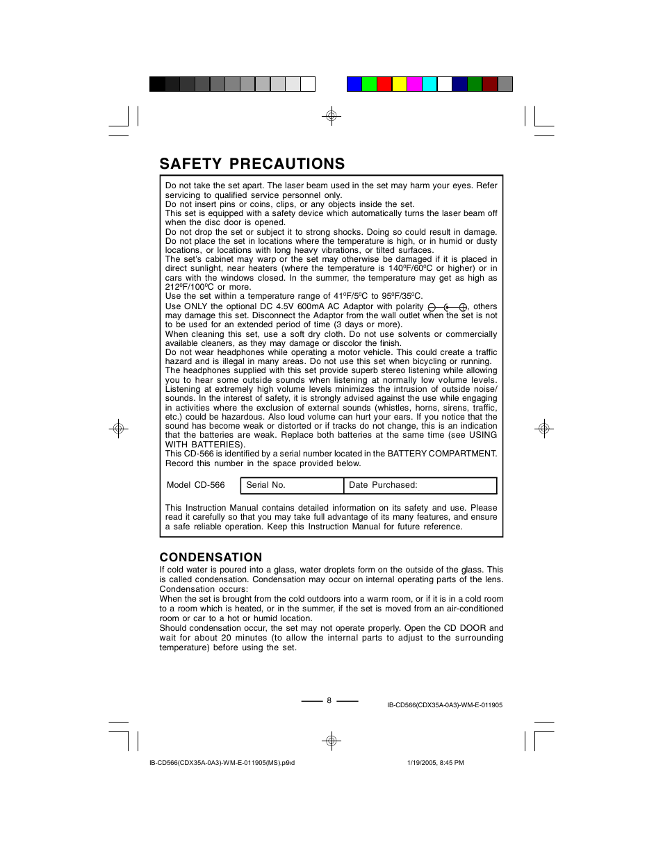 Safety precautions, Condensation | Lenoxx Electronics CD-566 User Manual | Page 9 / 12