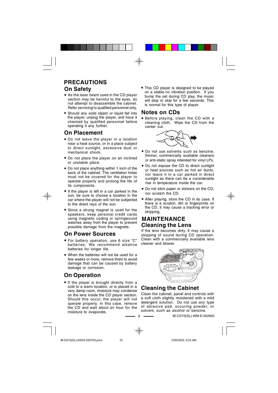 Precautions, On operation, On placement | On safety, On power sources, Maintenance cleaning the cabinet, Cleaning the lens | Lenoxx Electronics CD-10 User Manual | Page 10 / 12