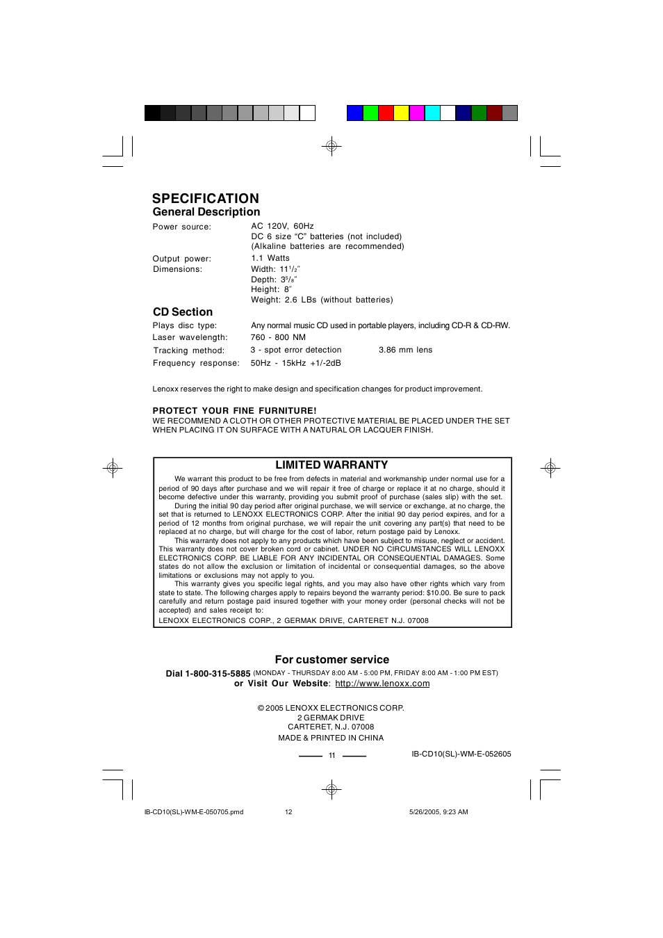 Specification, General description, Limited warranty | For customer service | Lenoxx Electronics CD-10 User Manual | Page 12 / 12