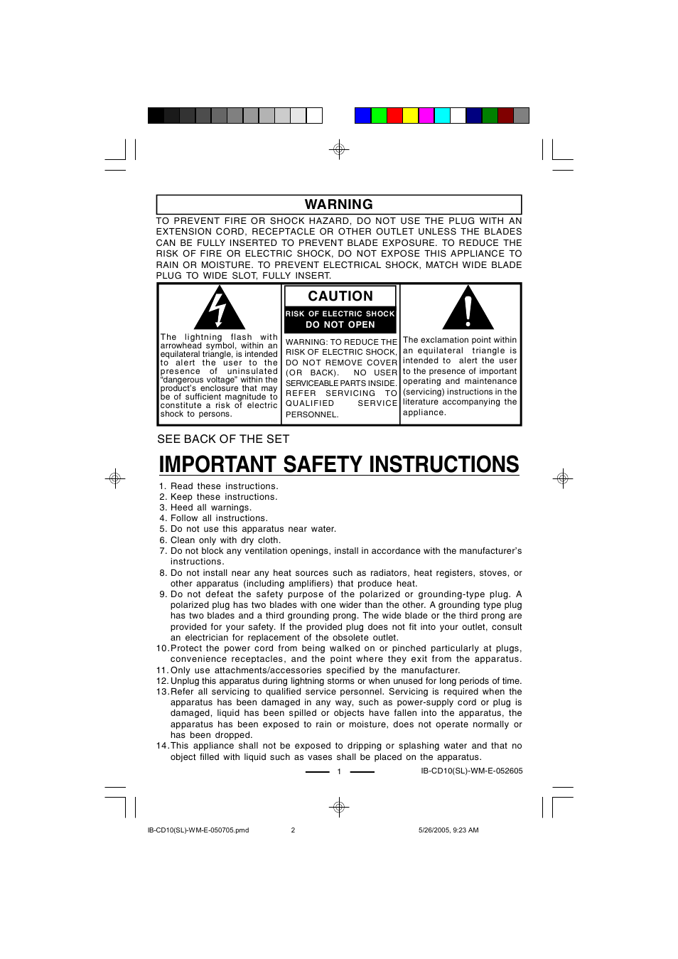 Important safety instructions, Warning, Caution | See back of the set | Lenoxx Electronics CD-10 User Manual | Page 2 / 12