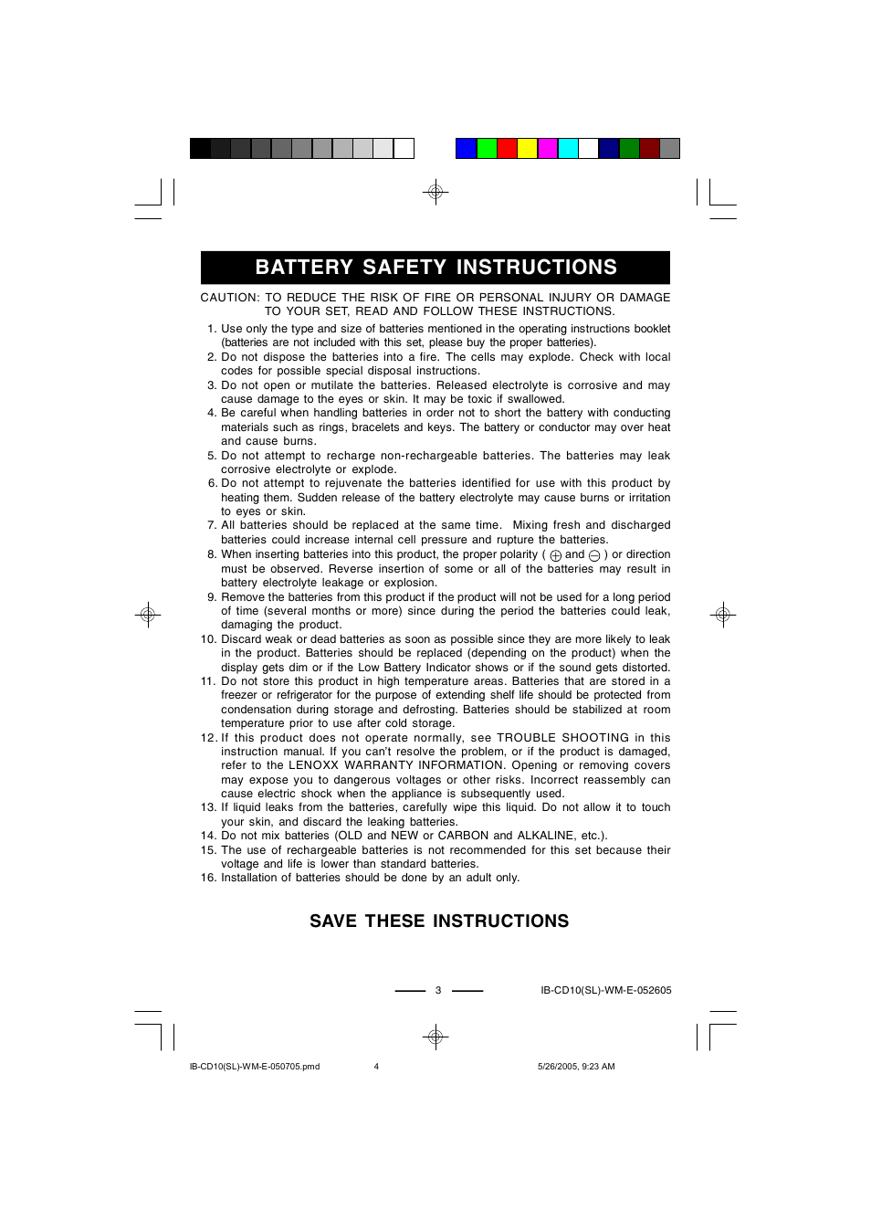 Battery safety instructions, Save these instructions | Lenoxx Electronics CD-10 User Manual | Page 4 / 12