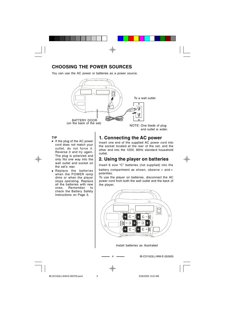 Connecting the ac power, Using the player on batteries, Choosing the power sources | Lenoxx Electronics CD-10 User Manual | Page 5 / 12