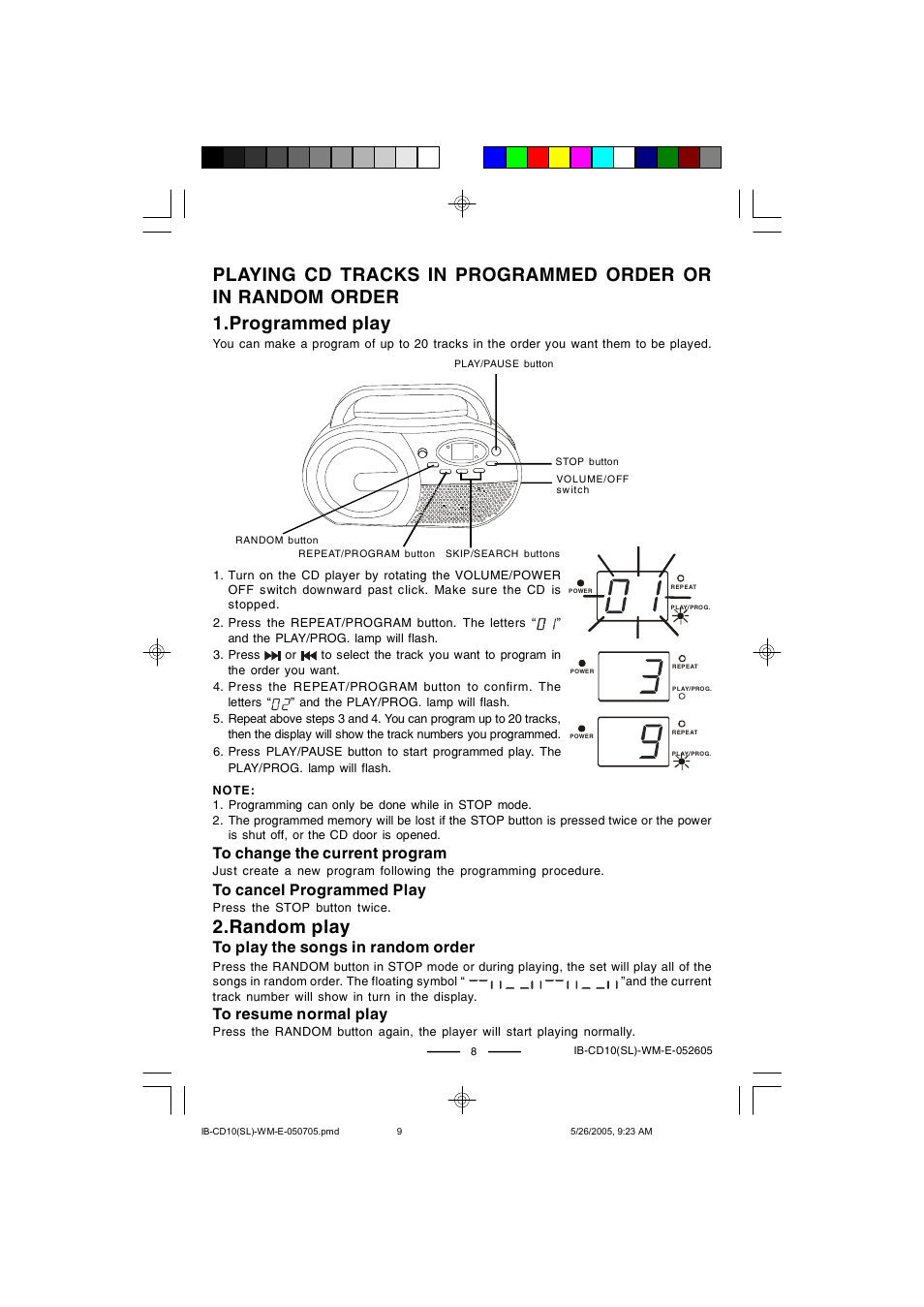 Programmed play 2.random play | Lenoxx Electronics CD-10 User Manual | Page 9 / 12